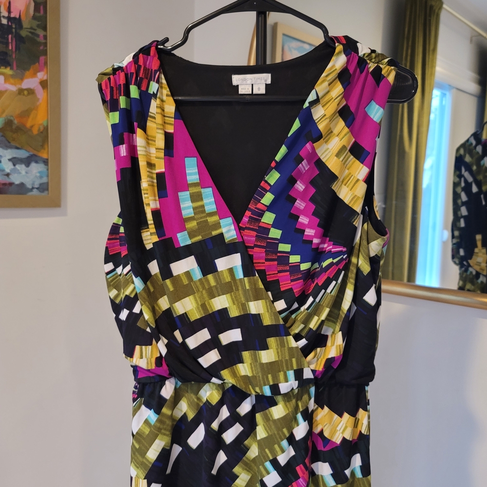 LONDON TIMES Kaleidoscope Geometric Print Dress Faux Wrap Cinched Waist Size 8